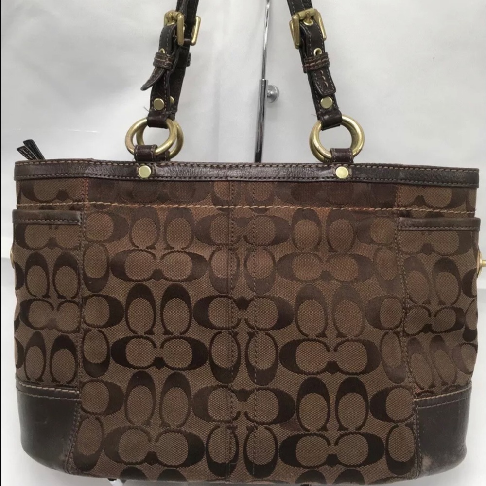 Coach Brown Signature Jacquard Tote with Dark Brown Leather Trim